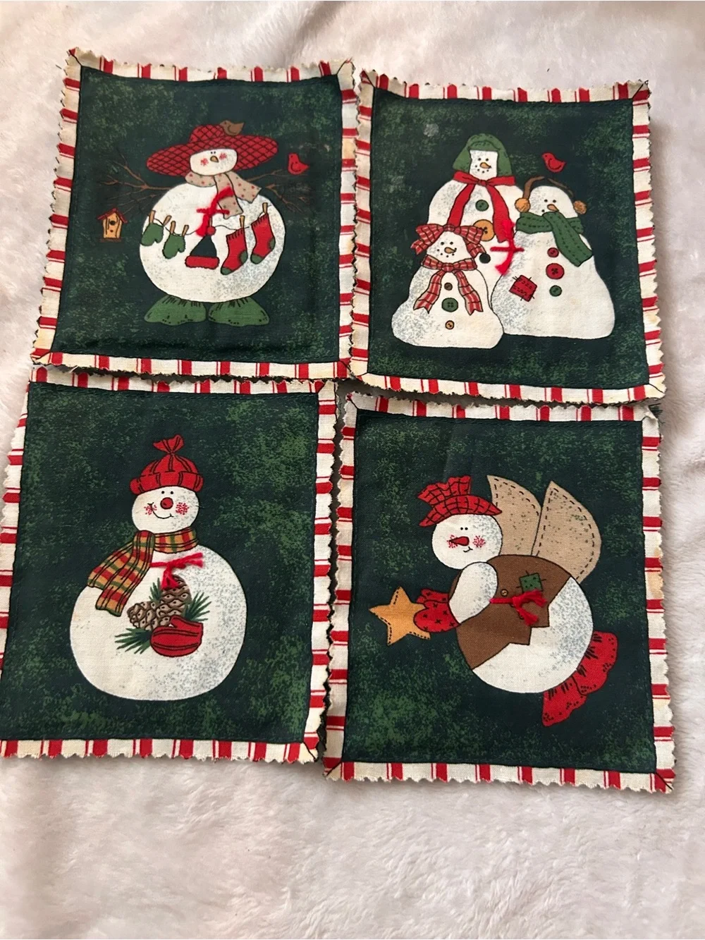 Primitive style Festive Snowman Holiday fabric squares coaster / fabric